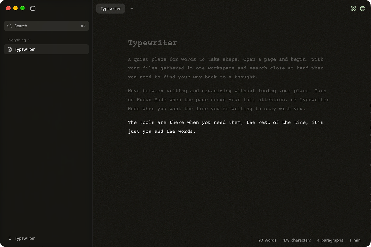 Typewriter window: a sidebar with files and a dark page of text in Courier Prime, with Typewriter Mode keeping the current paragraph highlighted